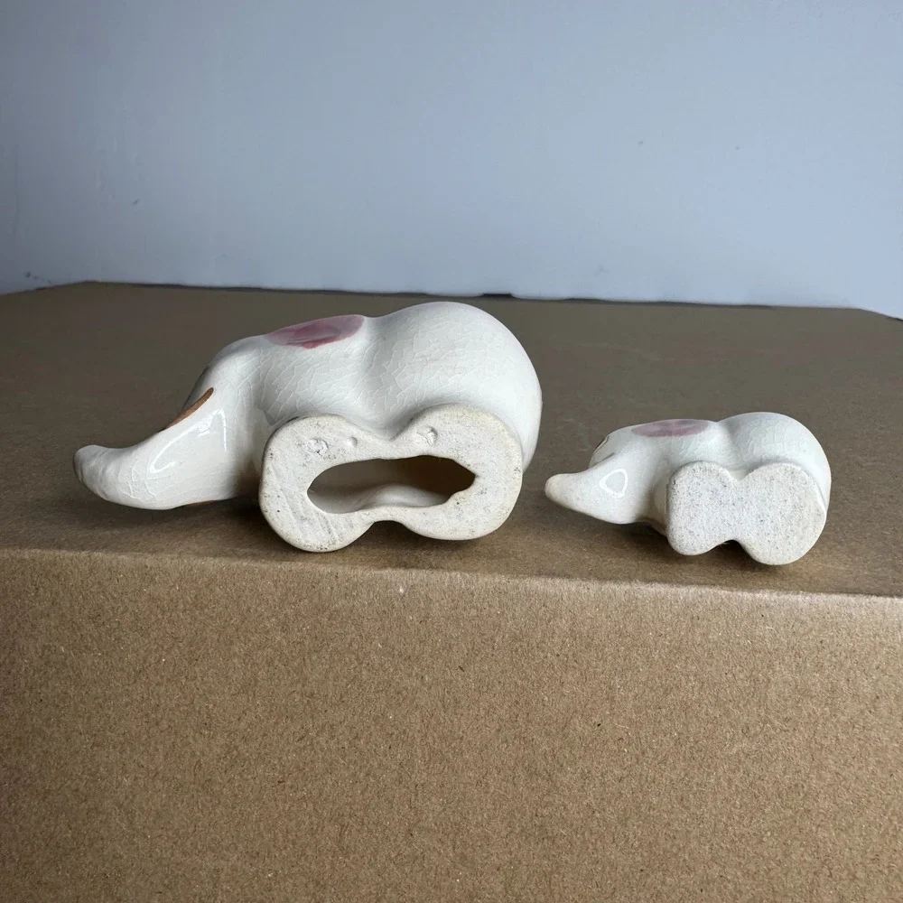 Vintage Ceramic Elephant Figurine‎ Set Mother Baby Pink Ears Crackle Glaze
